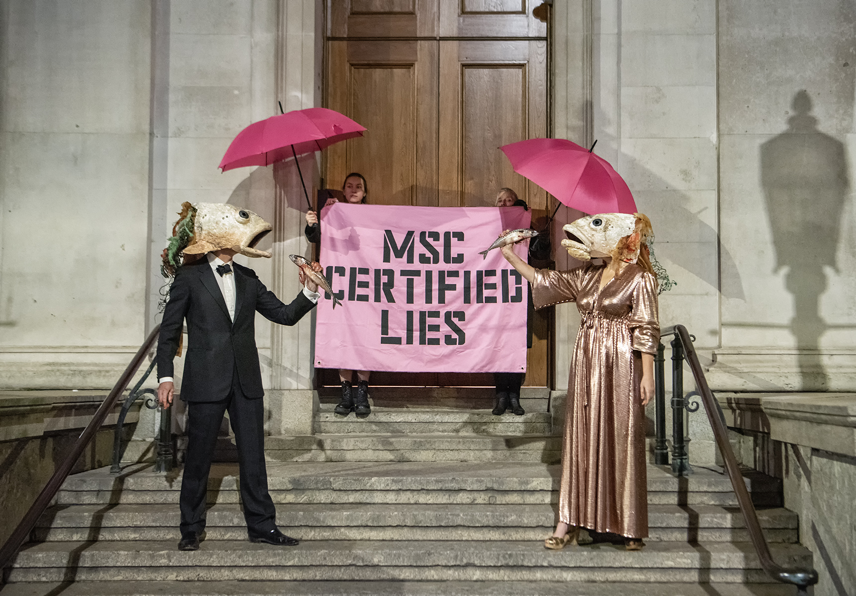 O﻿cean Rebellion performers outside the Marine Stewardship Council’s [MSC] Annual Awards dinner at the Fishmongers’ Hall - photo credit - Ocean Rebellion